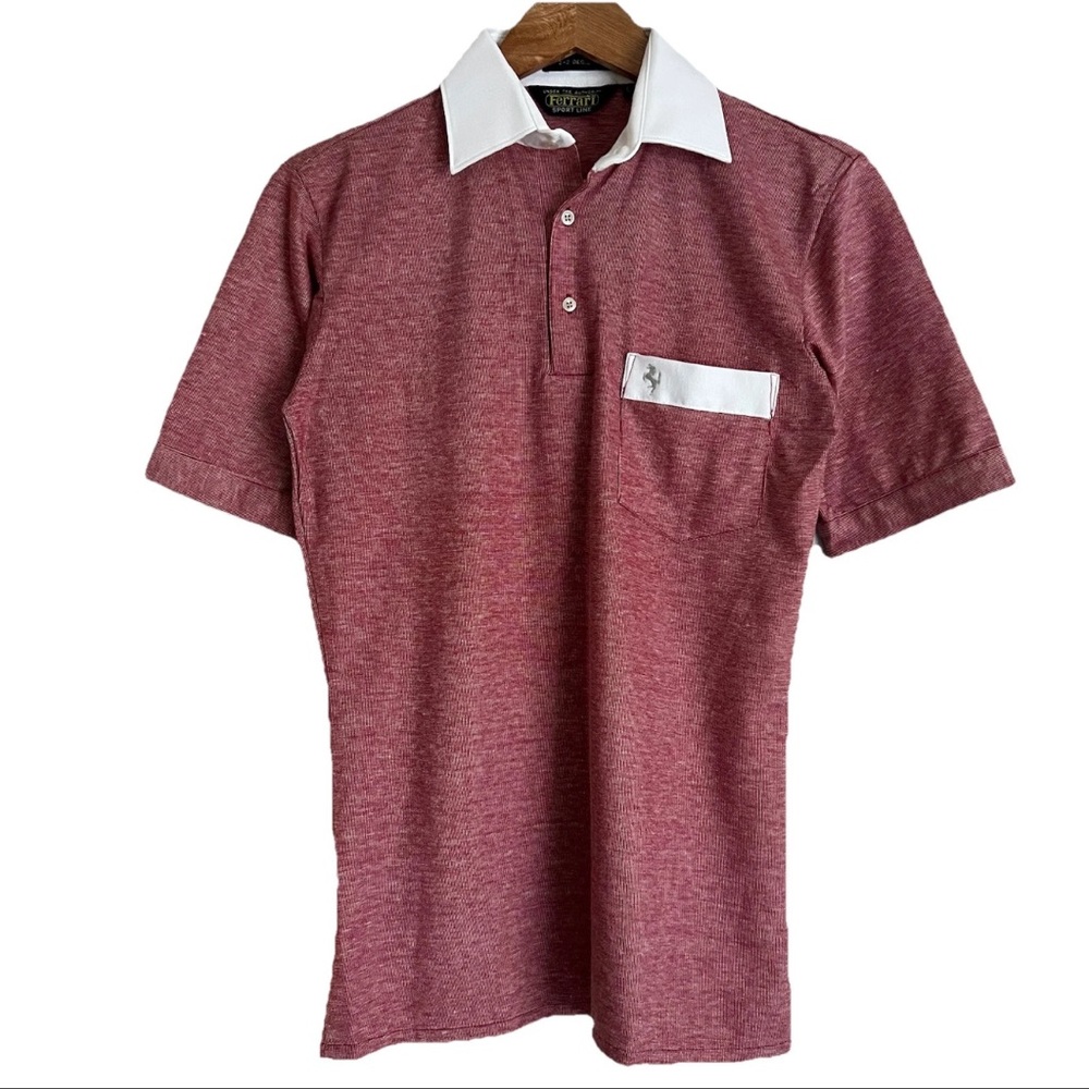 Vintage 60s 70s Ferrari Men’s Contrast Collar Polo Size Small Red